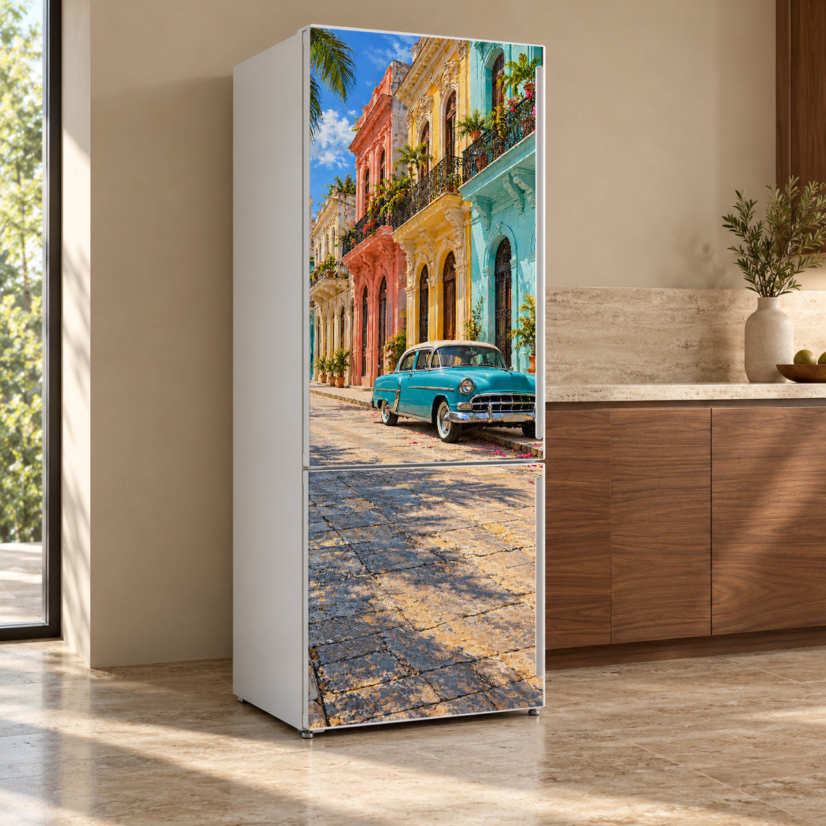 Havana Vintage Car Street fridge wrap, refrigerator shown at an angle