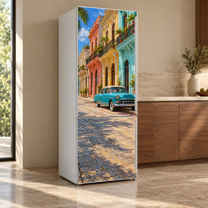 Havana Vintage Car Street fridge wrap, refrigerator shown at an angle