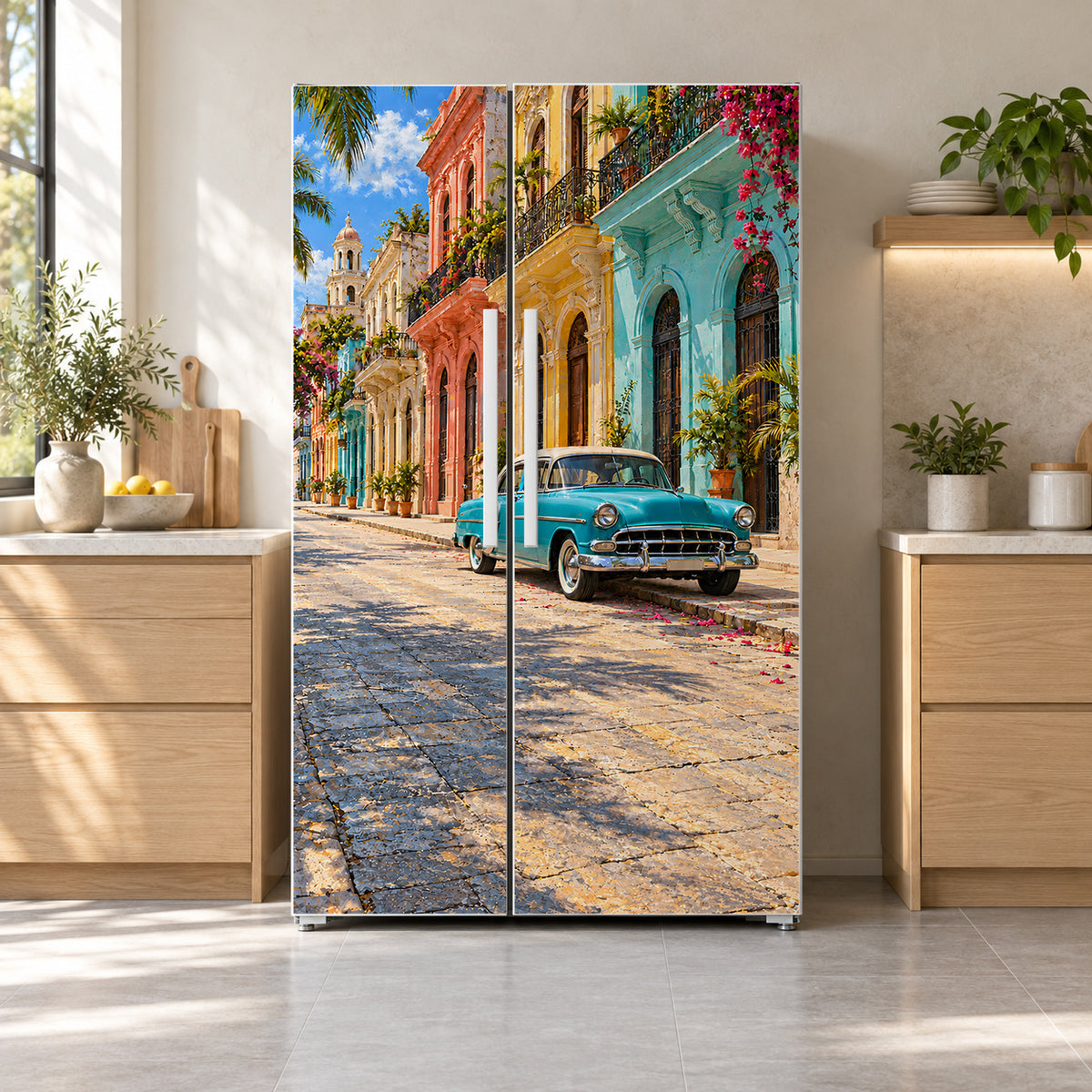 Havana Vintage Car Street fridge wrap on a side-by-side refrigerator