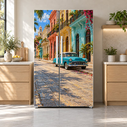 Havana Vintage Car Street fridge wrap on a side-by-side refrigerator
