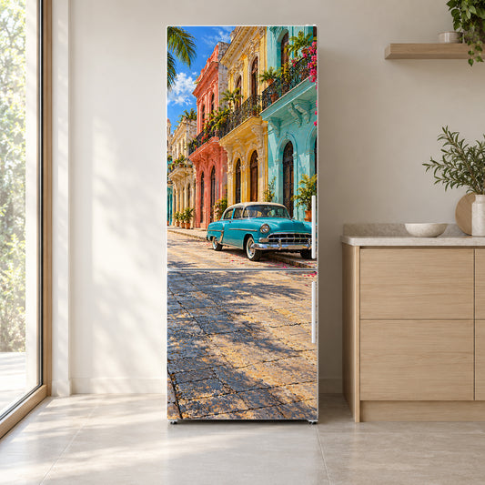Havana Vintage Car Street fridge wrap on a white refrigerator in a bright kitchen