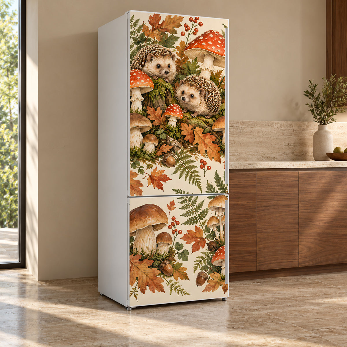 Hedgehogs & Mushrooms fridge wrap, refrigerator shown at an angle