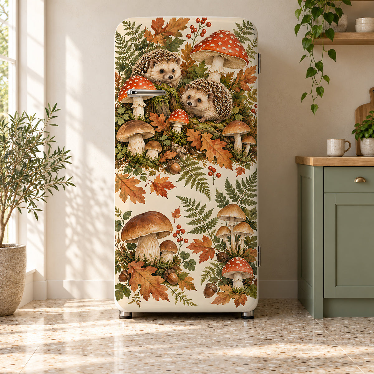 Hedgehogs & Mushrooms fridge wrap on a retro refrigerator