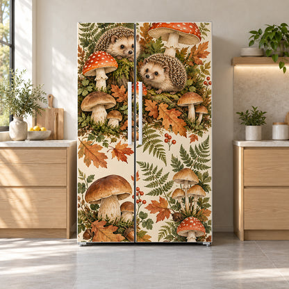 Hedgehogs & Mushrooms fridge wrap on a side-by-side refrigerator