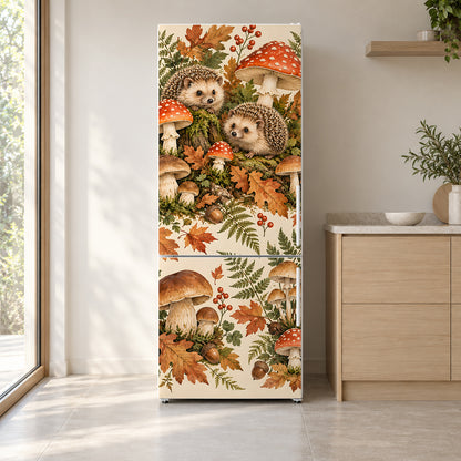 Hedgehogs & Mushrooms fridge wrap on a white refrigerator in a bright kitchen