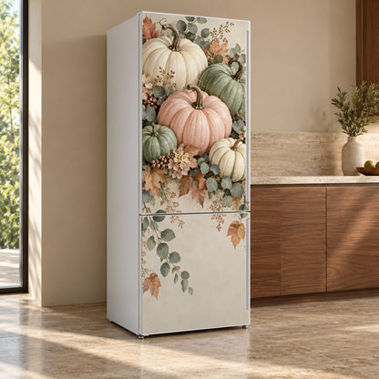 Heirloom Pastel Pumpkins fridge wrap, refrigerator shown at an angle