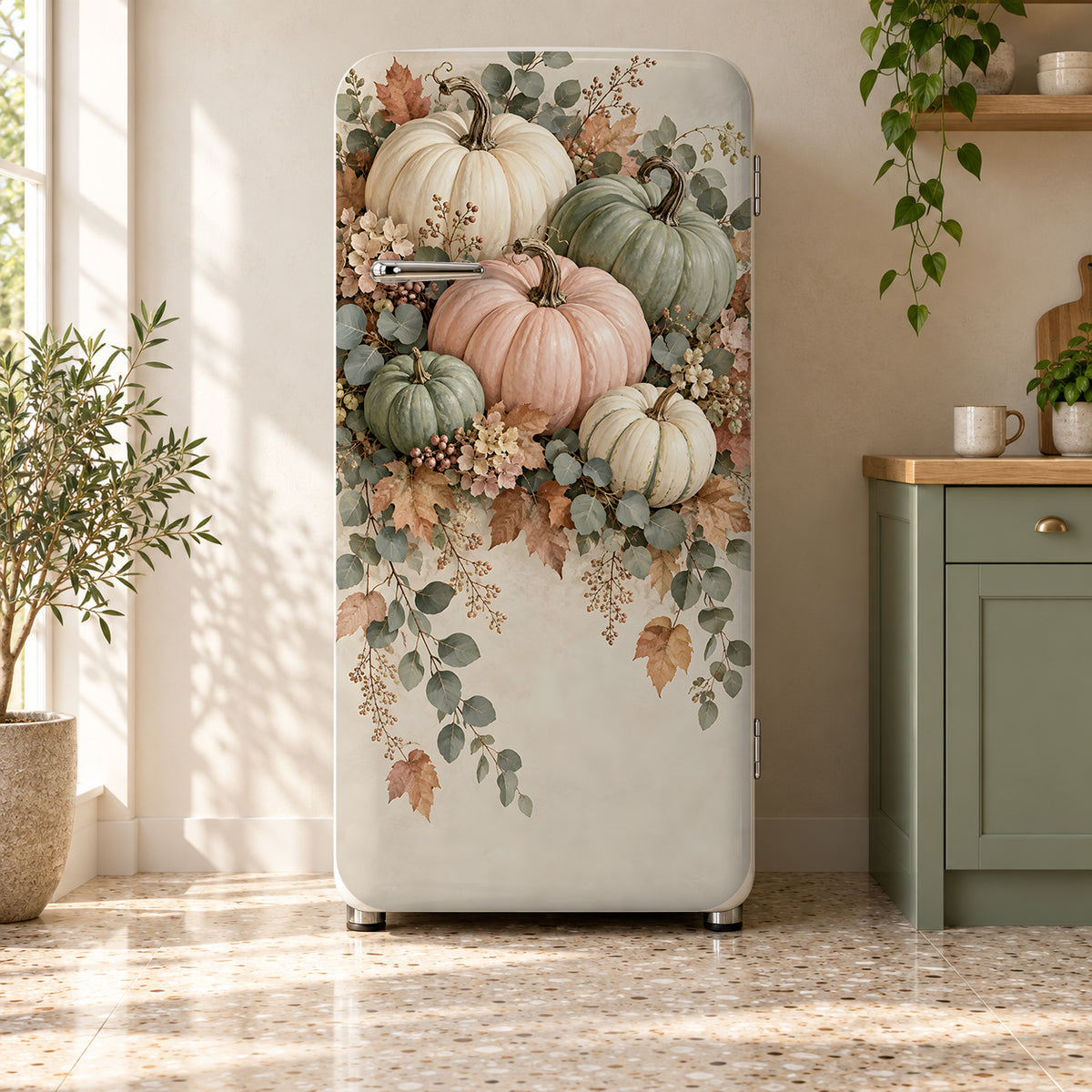 Heirloom Pastel Pumpkins fridge wrap on a retro refrigerator