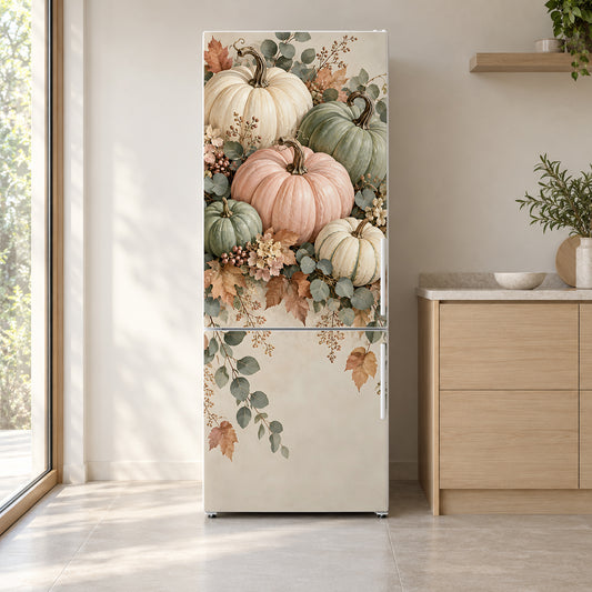 Heirloom Pastel Pumpkins fridge wrap on a white refrigerator in a bright kitchen