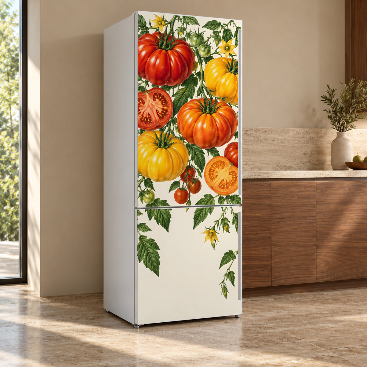 Heirloom Tomatoes fridge wrap, refrigerator shown at an angle