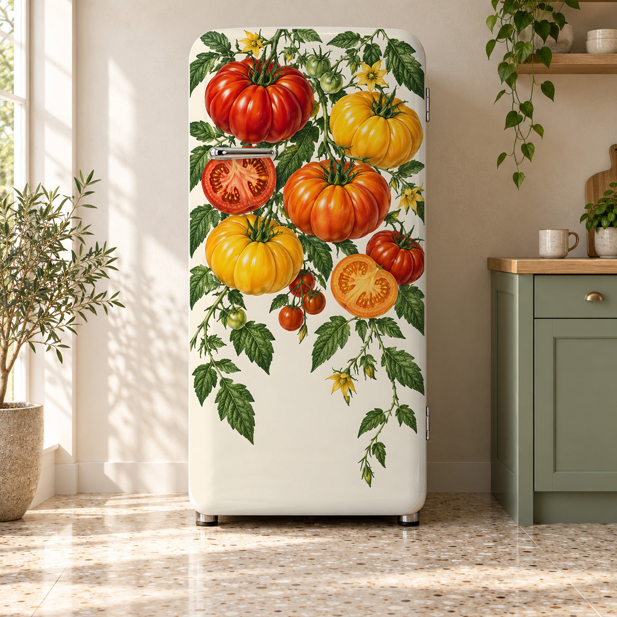 Heirloom Tomatoes fridge wrap on a retro refrigerator