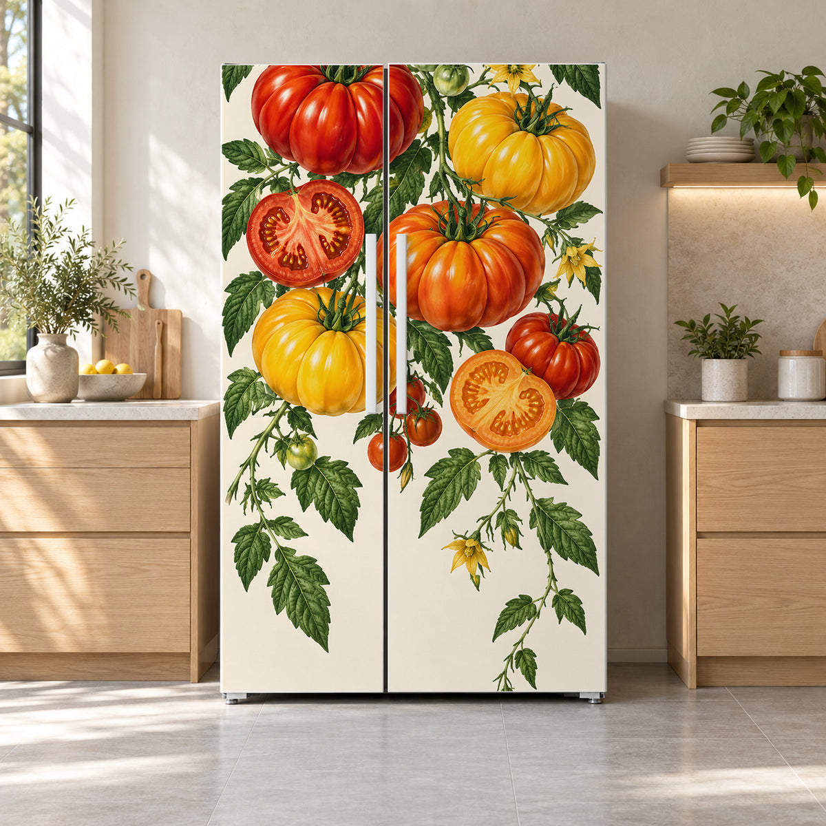 Heirloom Tomatoes fridge wrap on a side-by-side refrigerator