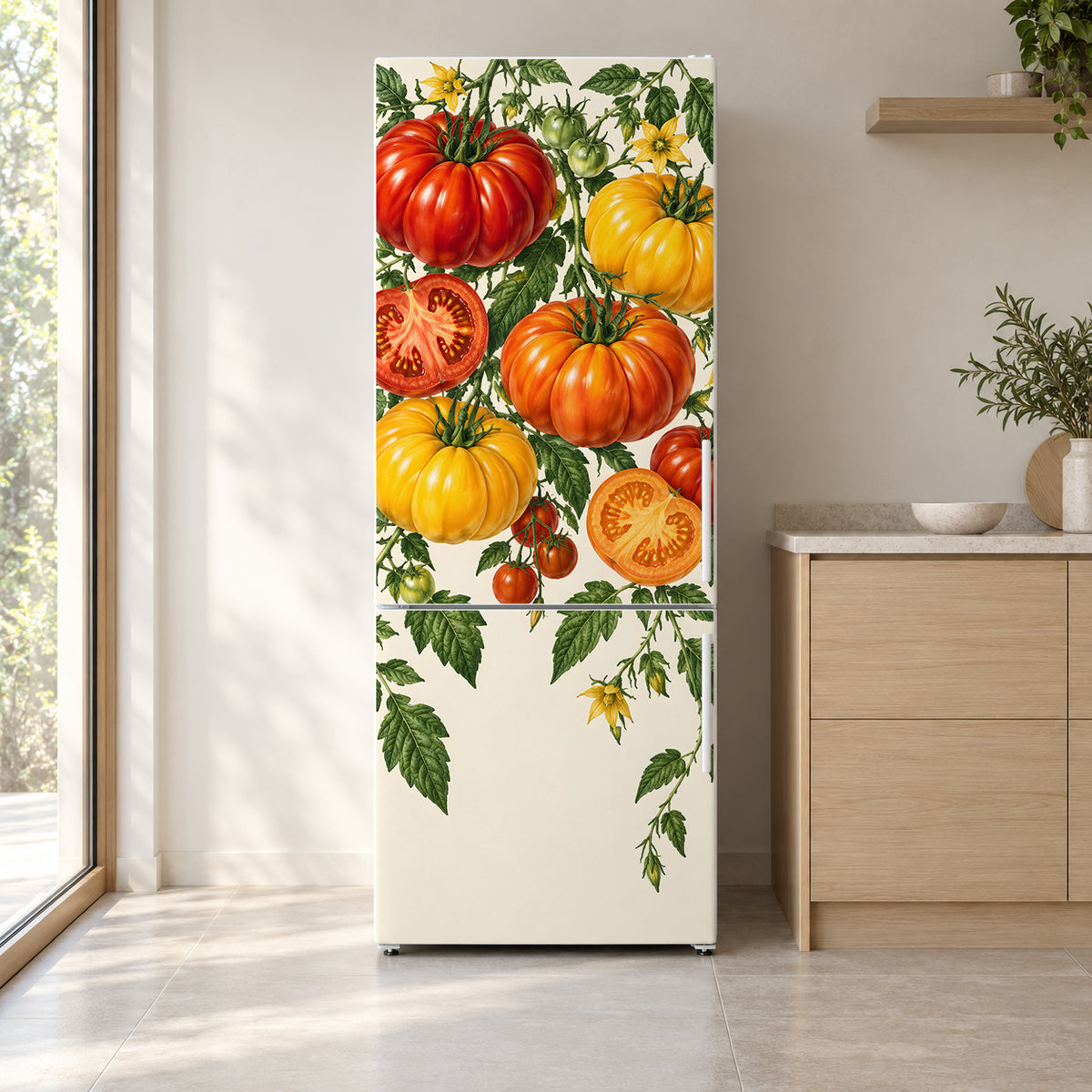 Heirloom Tomatoes fridge wrap on a white refrigerator in a bright kitchen