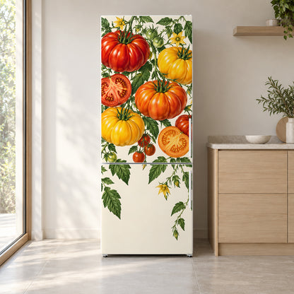 Heirloom Tomatoes fridge wrap on a white refrigerator in a bright kitchen