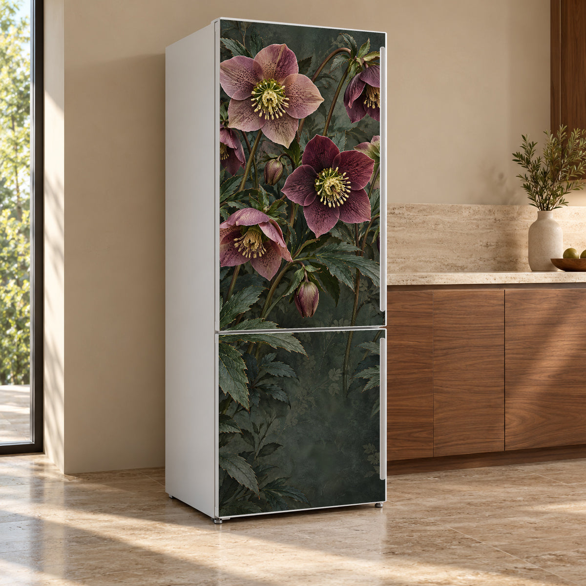 Hellebores fridge wrap, refrigerator shown at an angle