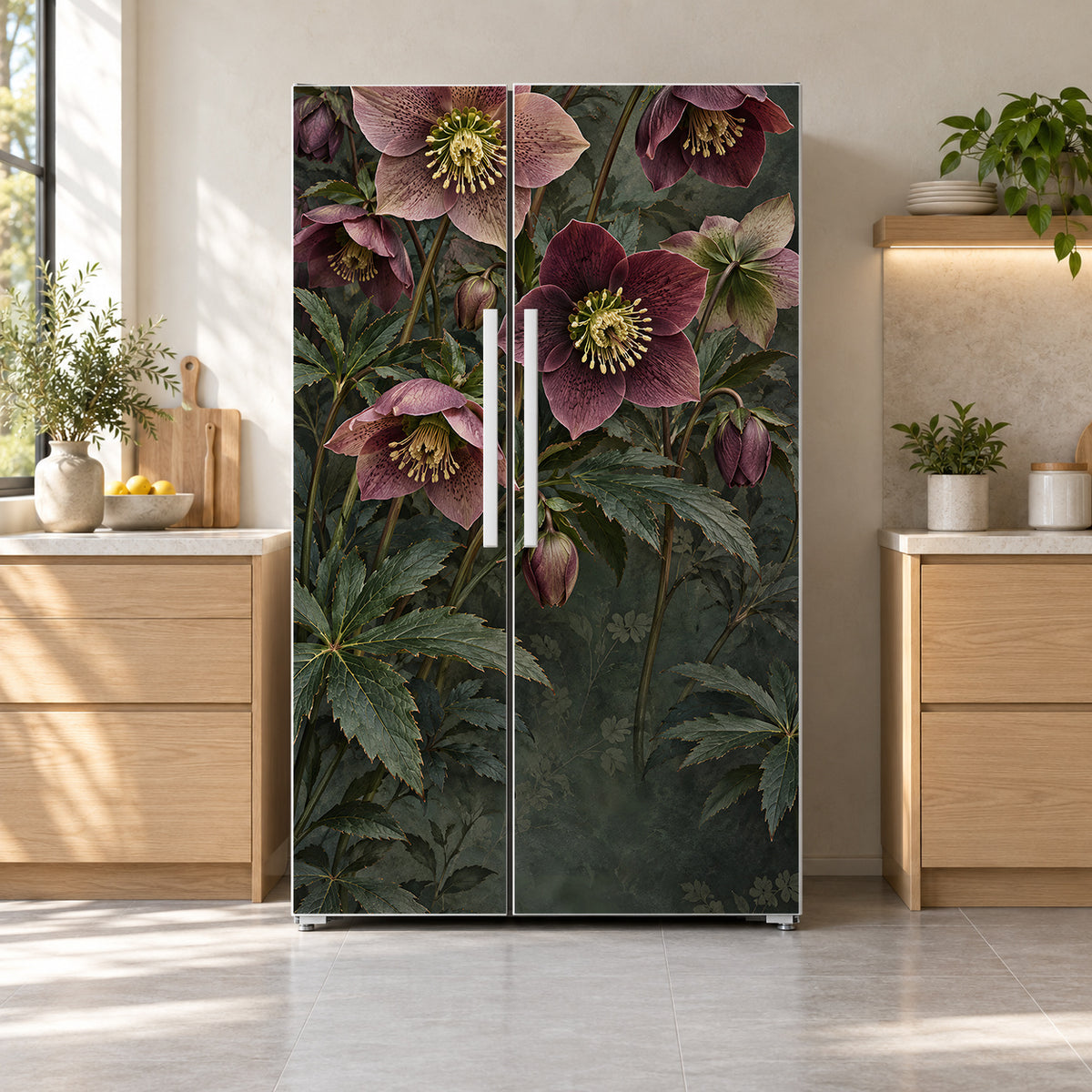 Hellebores fridge wrap on a side-by-side refrigerator