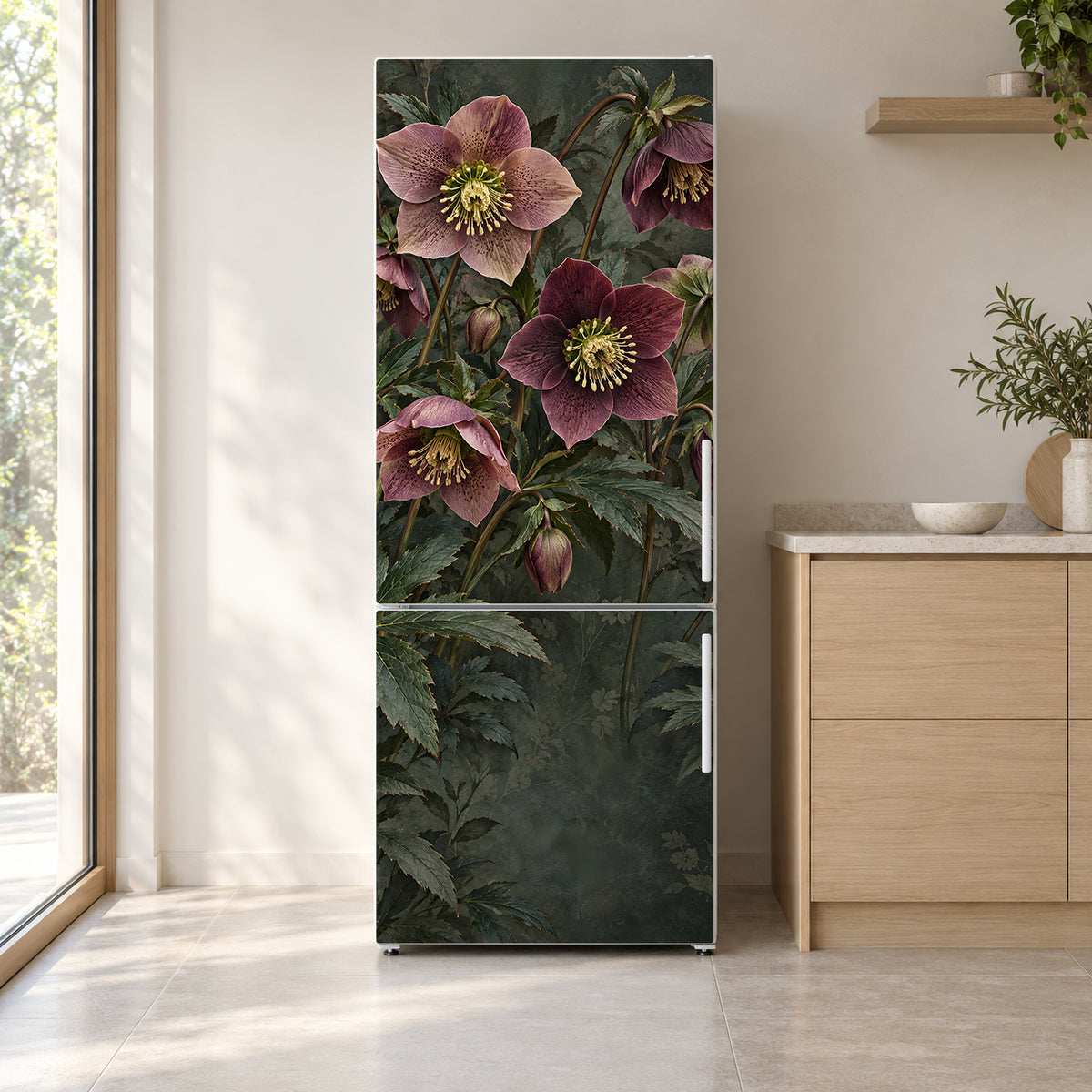 Hellebores fridge wrap on a white refrigerator in a bright kitchen