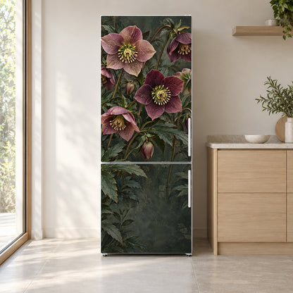 Hellebores fridge wrap on a white refrigerator in a bright kitchen