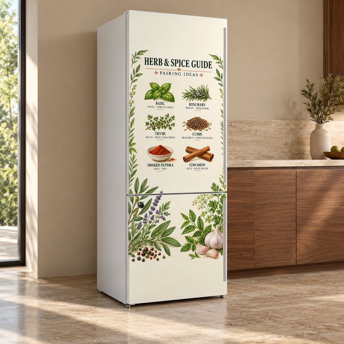 Herb & Spice Guide fridge wrap, refrigerator shown at an angle