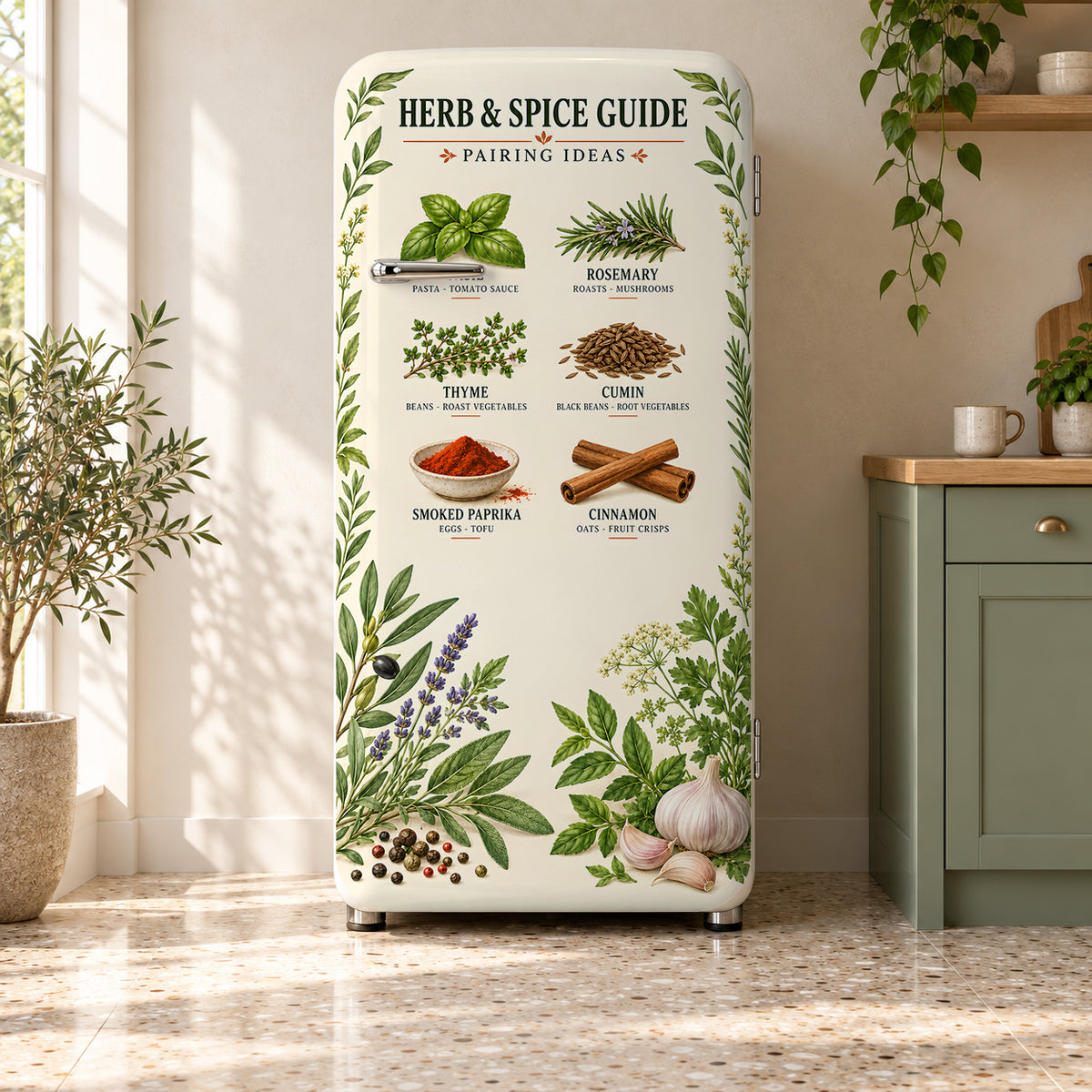 Herb & Spice Guide fridge wrap on a retro refrigerator