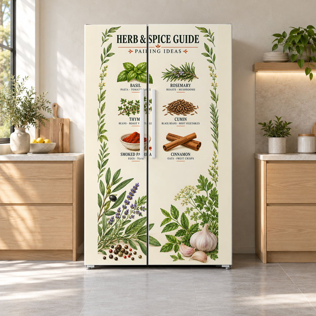 Herb & Spice Guide fridge wrap on a side-by-side refrigerator