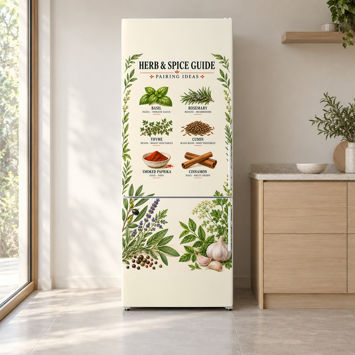 Herb & Spice Guide fridge wrap on a white refrigerator in a bright kitchen