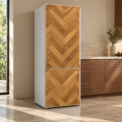 Herringbone Parquet fridge wrap, refrigerator shown at an angle