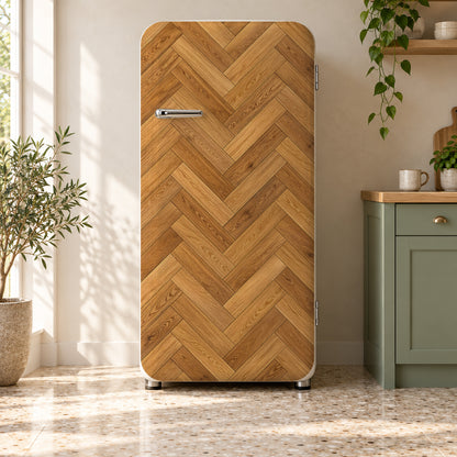 Herringbone Parquet fridge wrap on a retro refrigerator