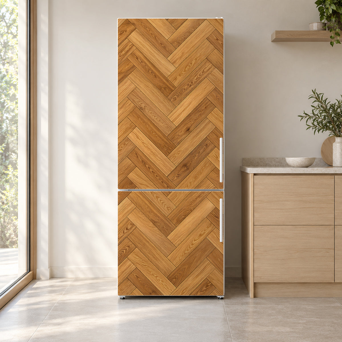 Herringbone Parquet fridge wrap on a white refrigerator in a bright kitchen