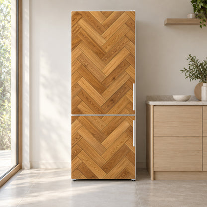 Herringbone Parquet fridge wrap on a white refrigerator in a bright kitchen