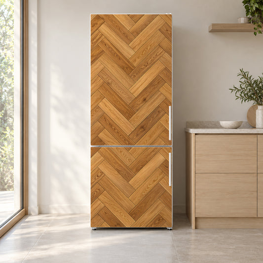 Herringbone Parquet fridge wrap on a white refrigerator in a bright kitchen