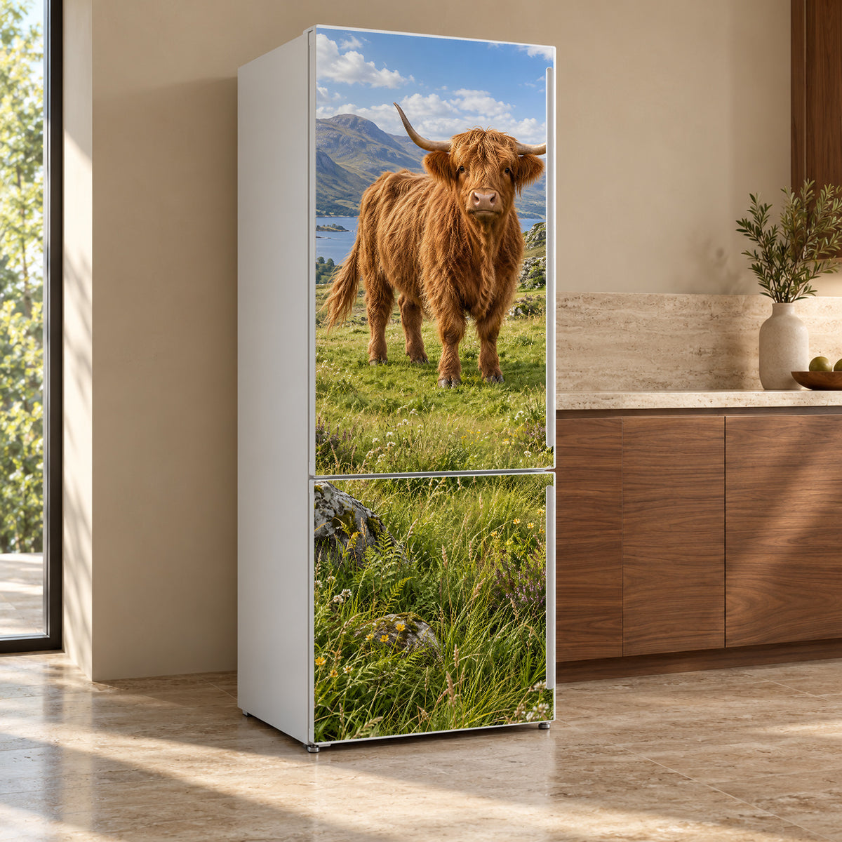 Highland Cow fridge wrap, refrigerator shown at an angle