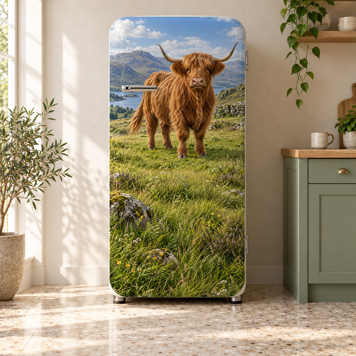 Highland Cow fridge wrap on a retro refrigerator