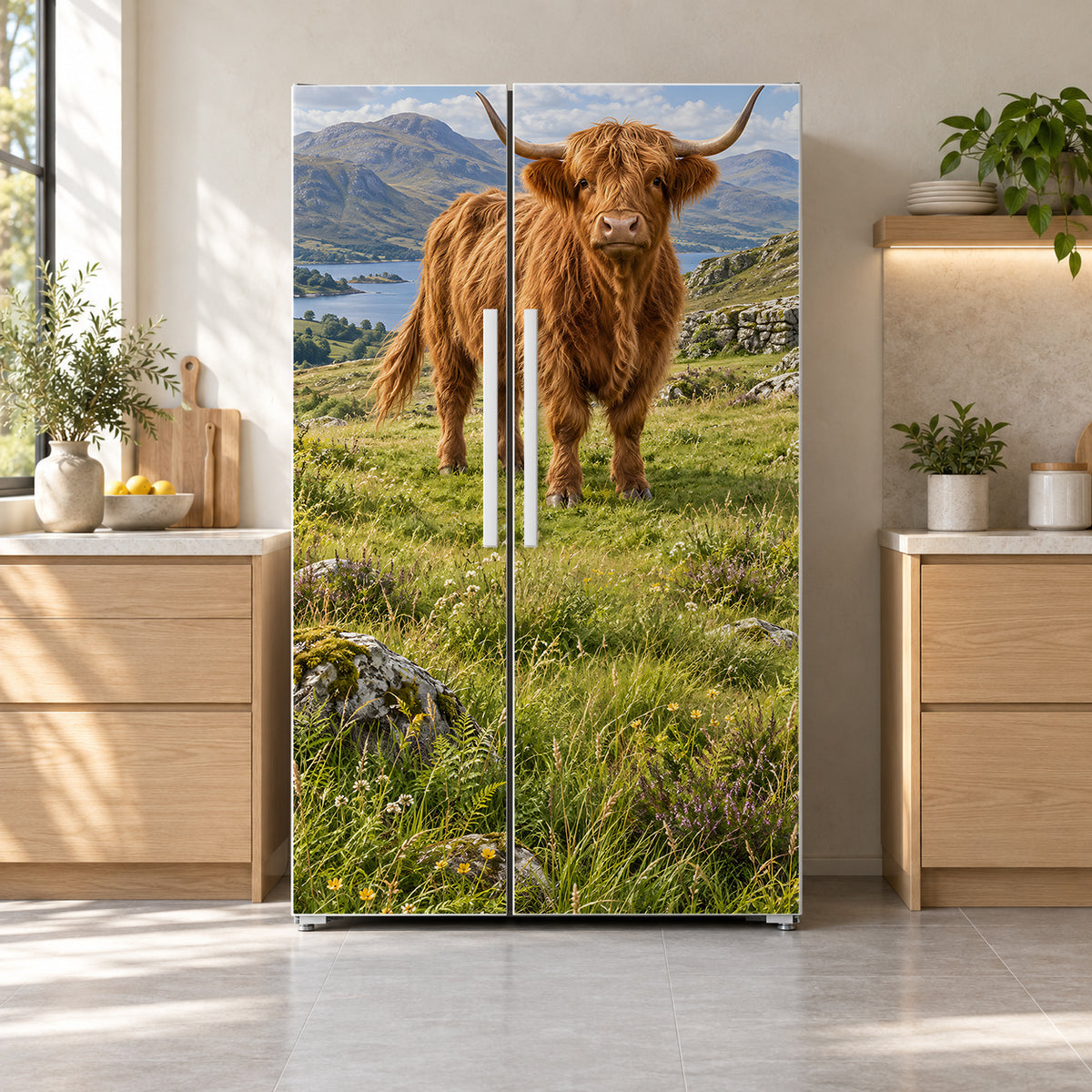 Highland Cow fridge wrap on a side-by-side refrigerator