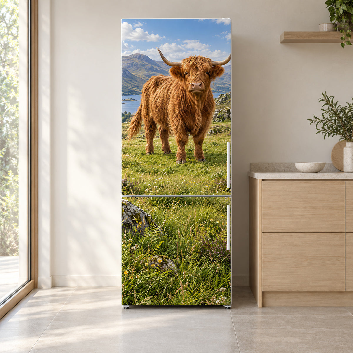 Highland Cow fridge wrap on a white refrigerator in a bright kitchen