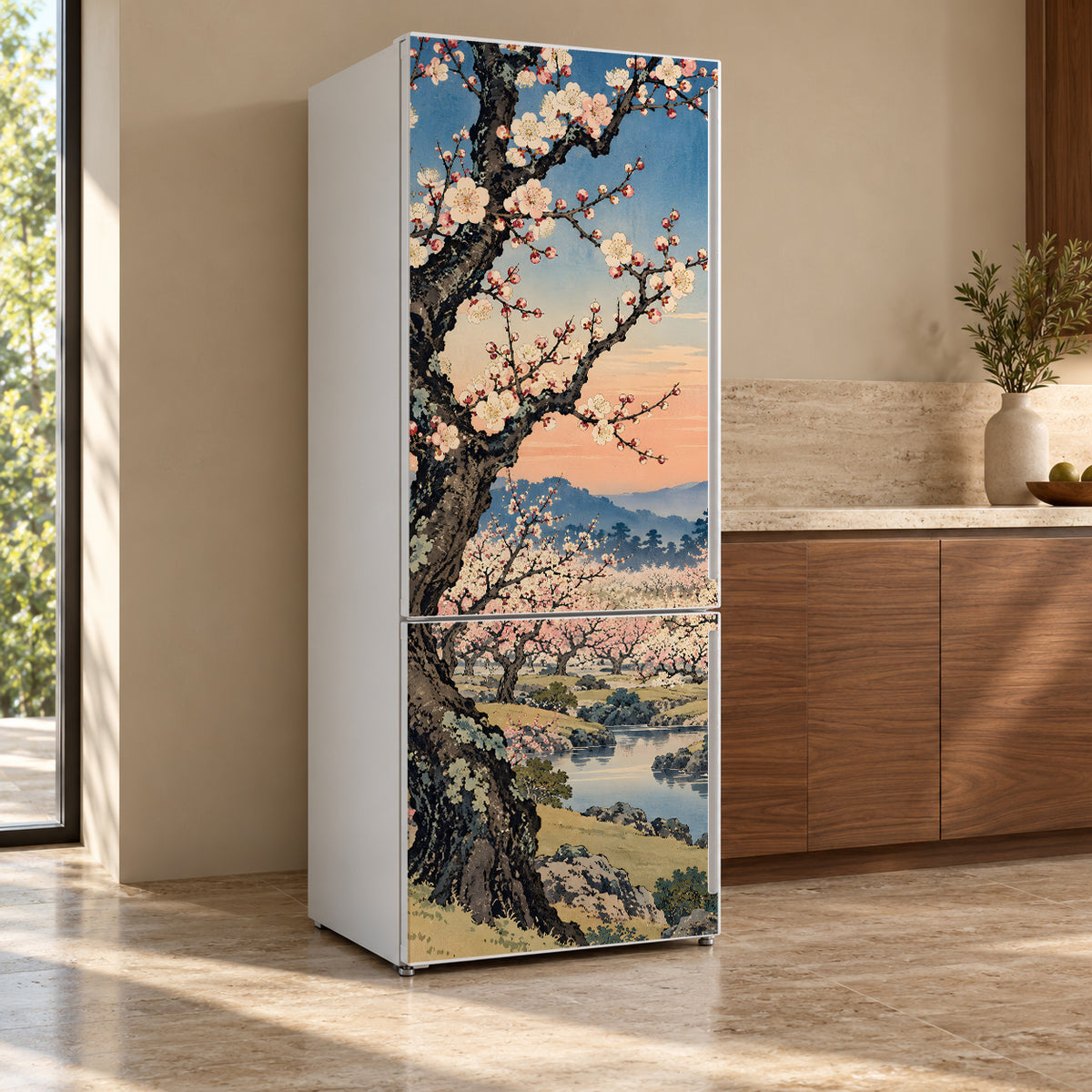 Hiroshige-Inspired Plum Garden fridge wrap, refrigerator shown at an angle