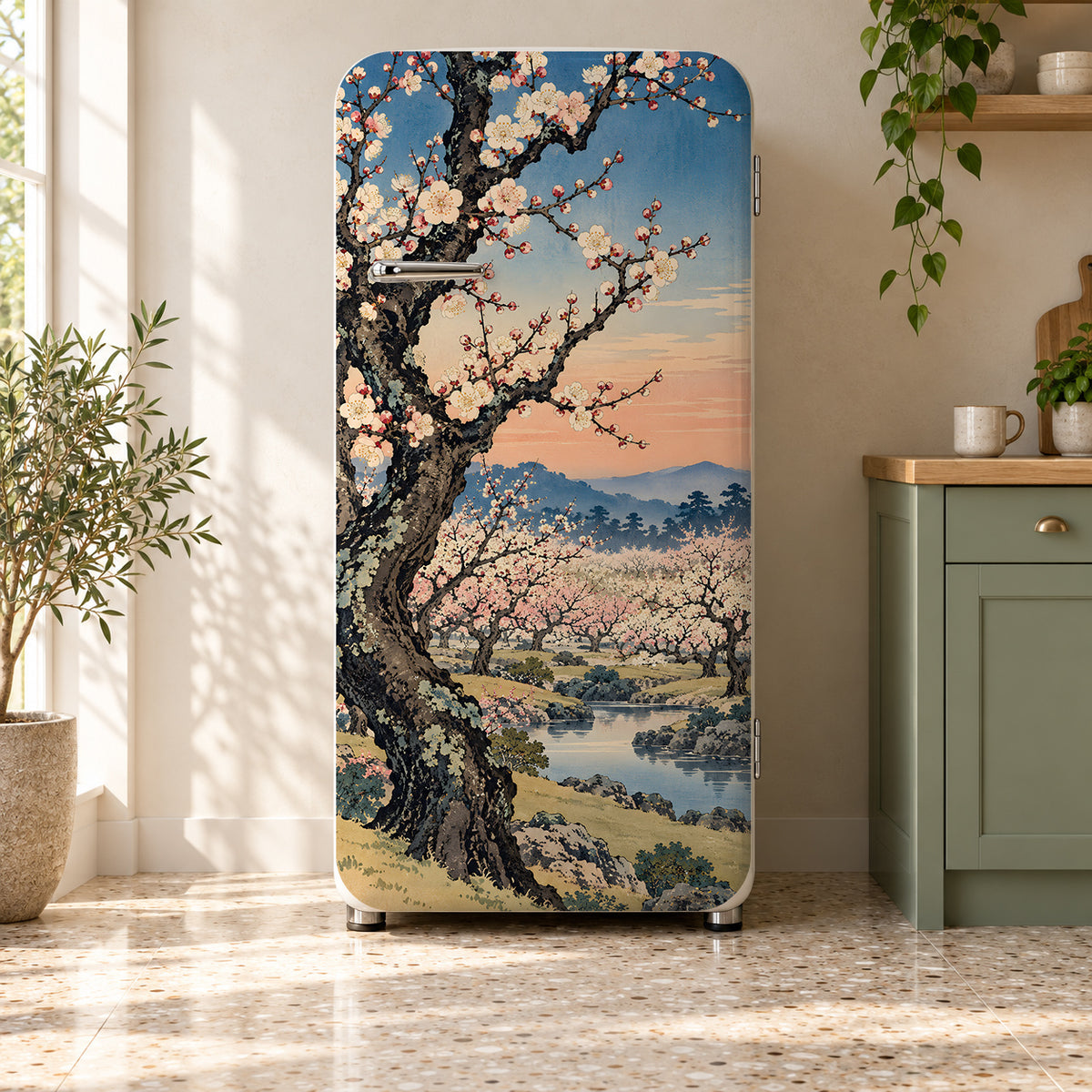 Hiroshige-Inspired Plum Garden fridge wrap on a retro refrigerator