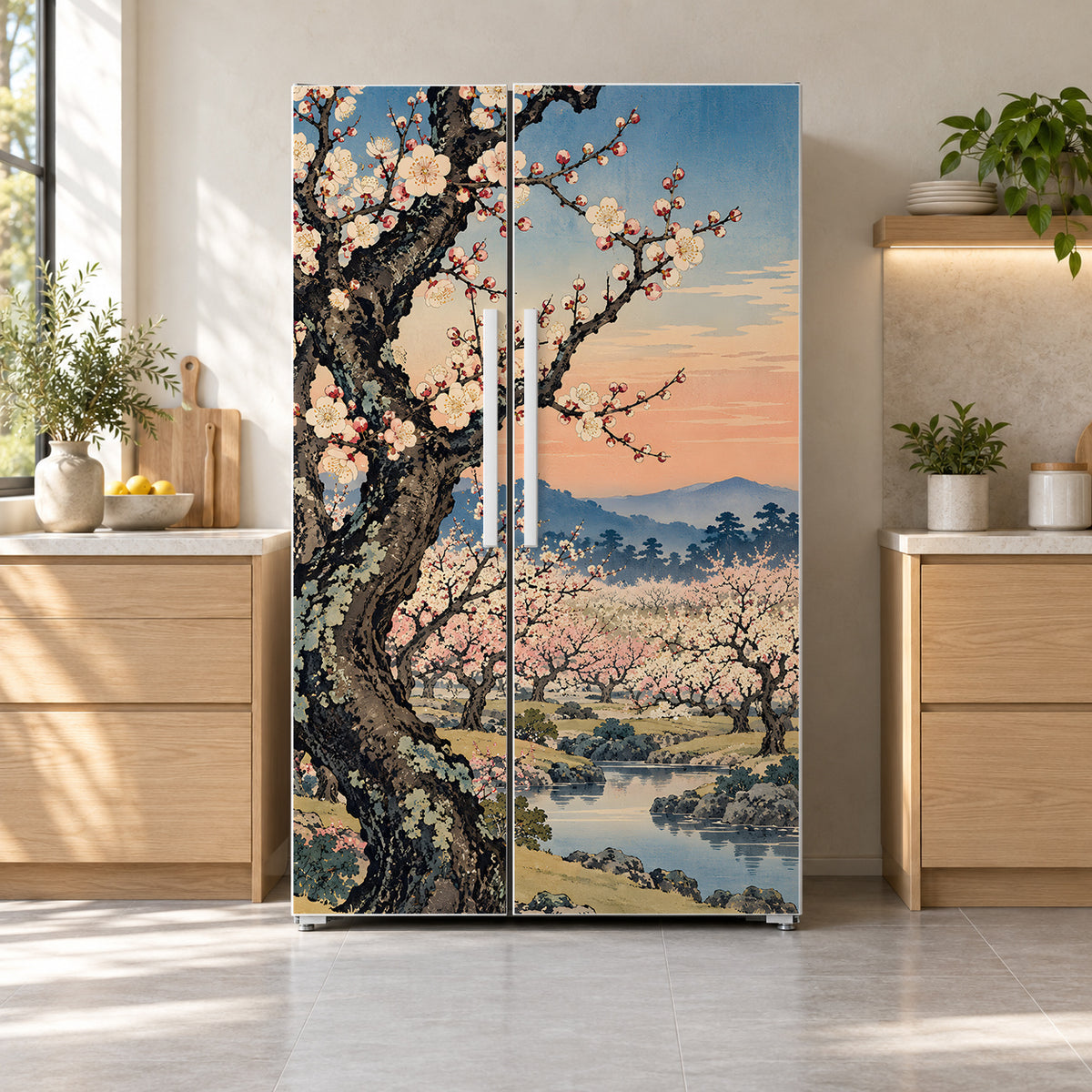 Hiroshige-Inspired Plum Garden fridge wrap on a side-by-side refrigerator