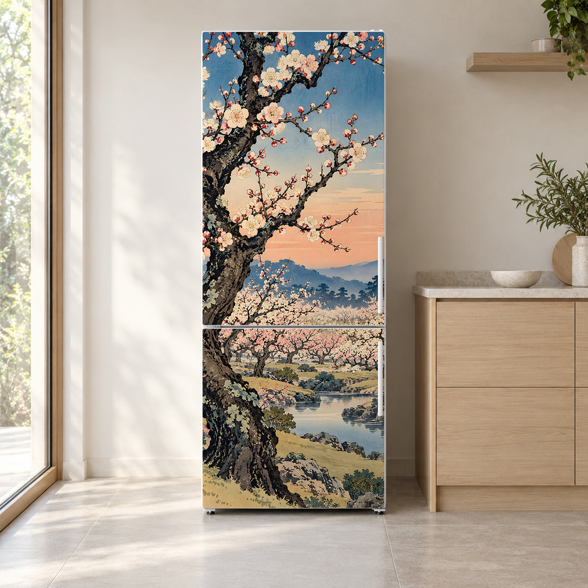 Hiroshige-Inspired Plum Garden fridge wrap on a white refrigerator in a bright kitchen