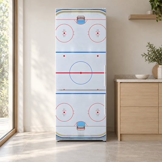 Hockey Rink fridge wrap on a white refrigerator in a bright kitchen