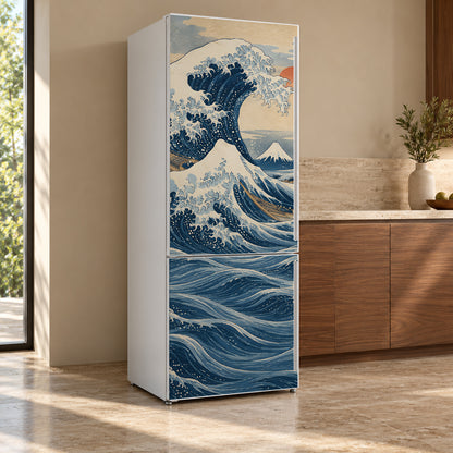 Hokusai Inspired Great Wave fridge wrap, refrigerator shown at an angle