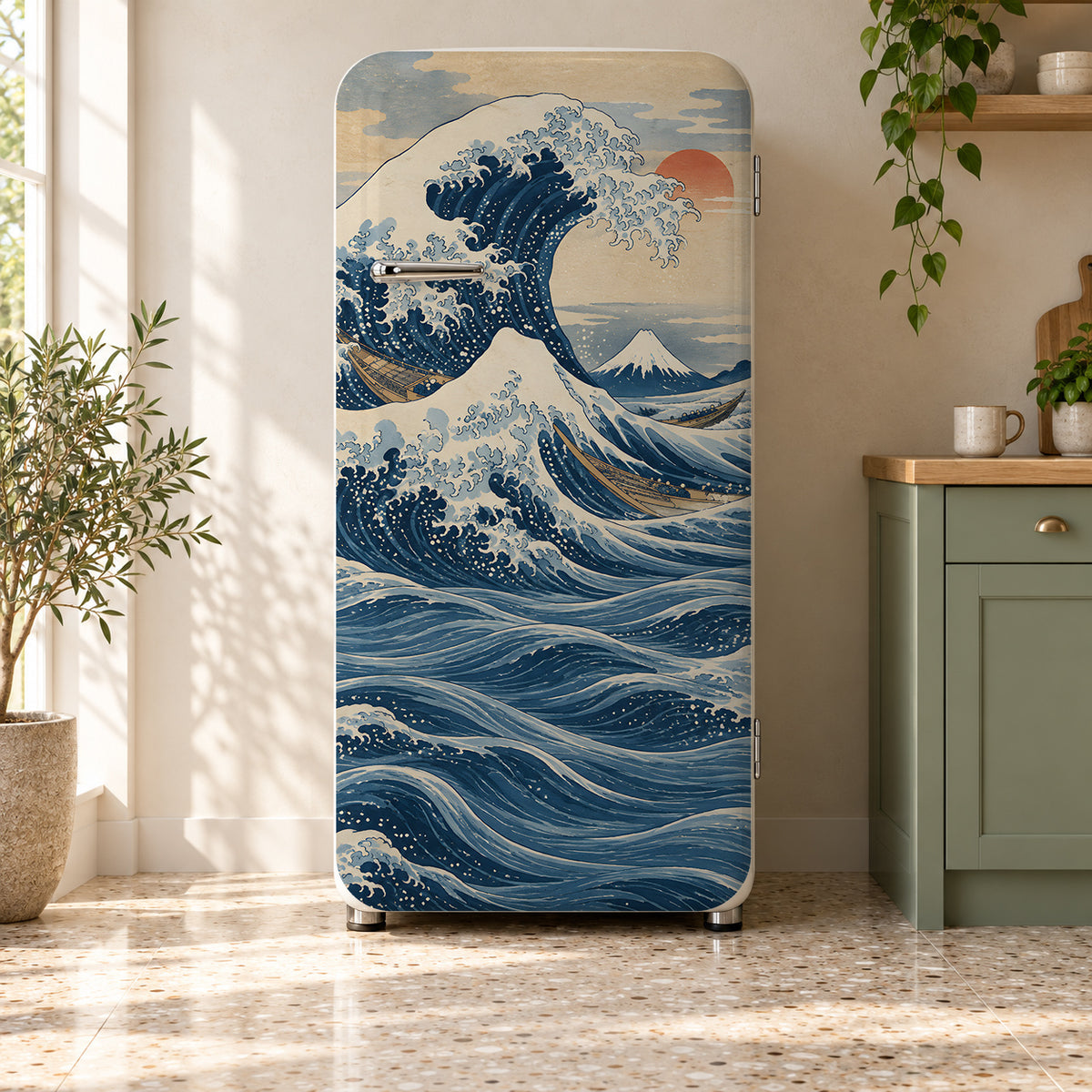 Hokusai Inspired Great Wave fridge wrap on a retro refrigerator