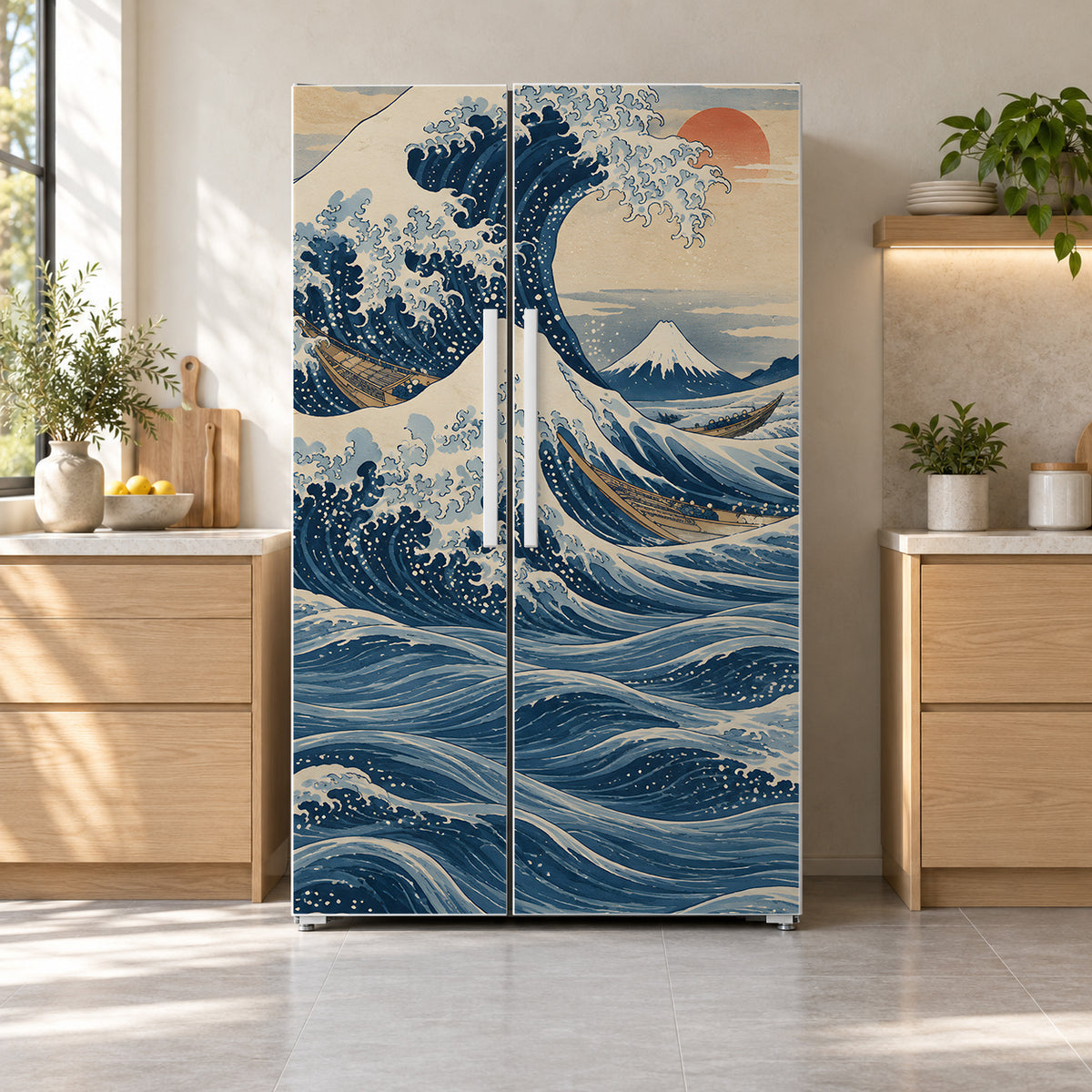 Hokusai Inspired Great Wave fridge wrap on a side-by-side refrigerator