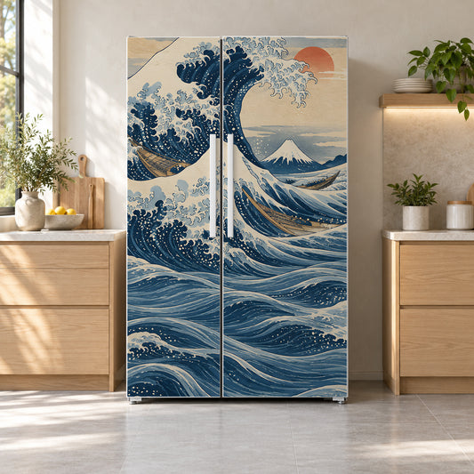 Hokusai Inspired Great Wave fridge wrap on a side-by-side refrigerator