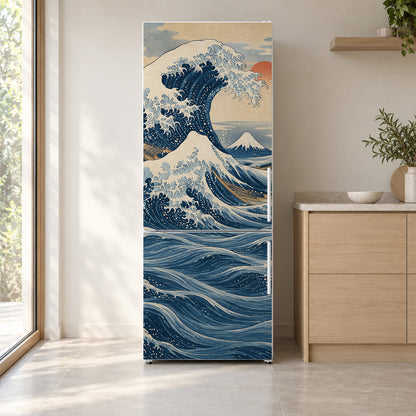 Hokusai Inspired Great Wave fridge wrap on a white refrigerator in a bright kitchen