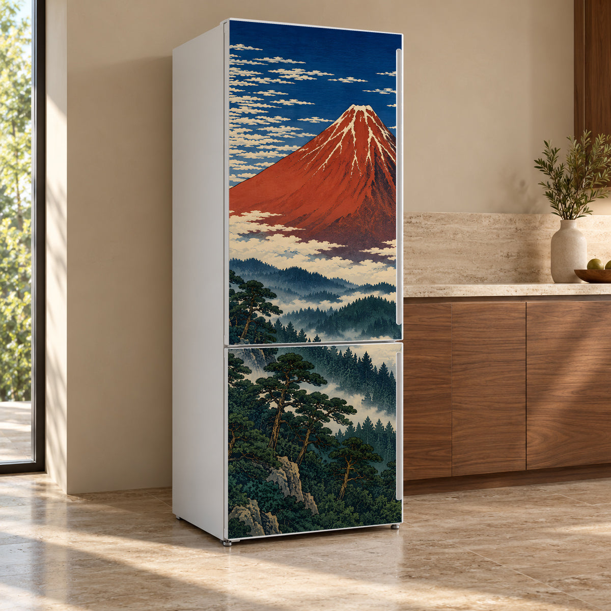 Hokusai-Inspired Red Fuji fridge wrap, refrigerator shown at an angle