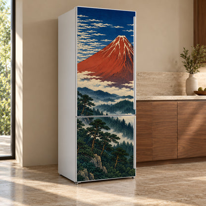 Hokusai-Inspired Red Fuji fridge wrap, refrigerator shown at an angle
