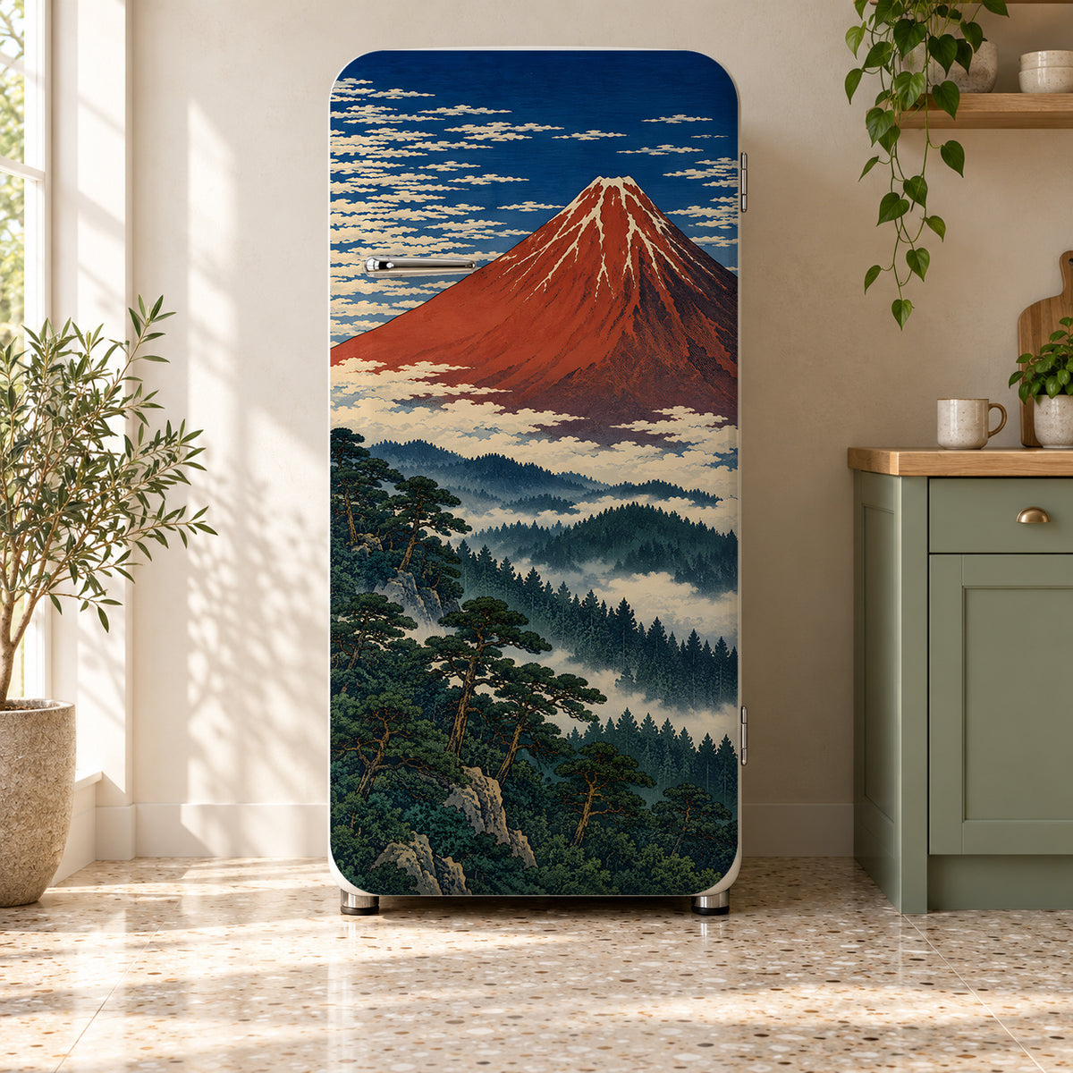 Hokusai-Inspired Red Fuji fridge wrap on a retro refrigerator