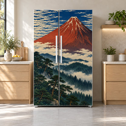 Hokusai-Inspired Red Fuji fridge wrap on a side-by-side refrigerator
