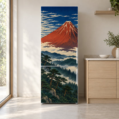 Hokusai-Inspired Red Fuji fridge wrap on a white refrigerator in a bright kitchen