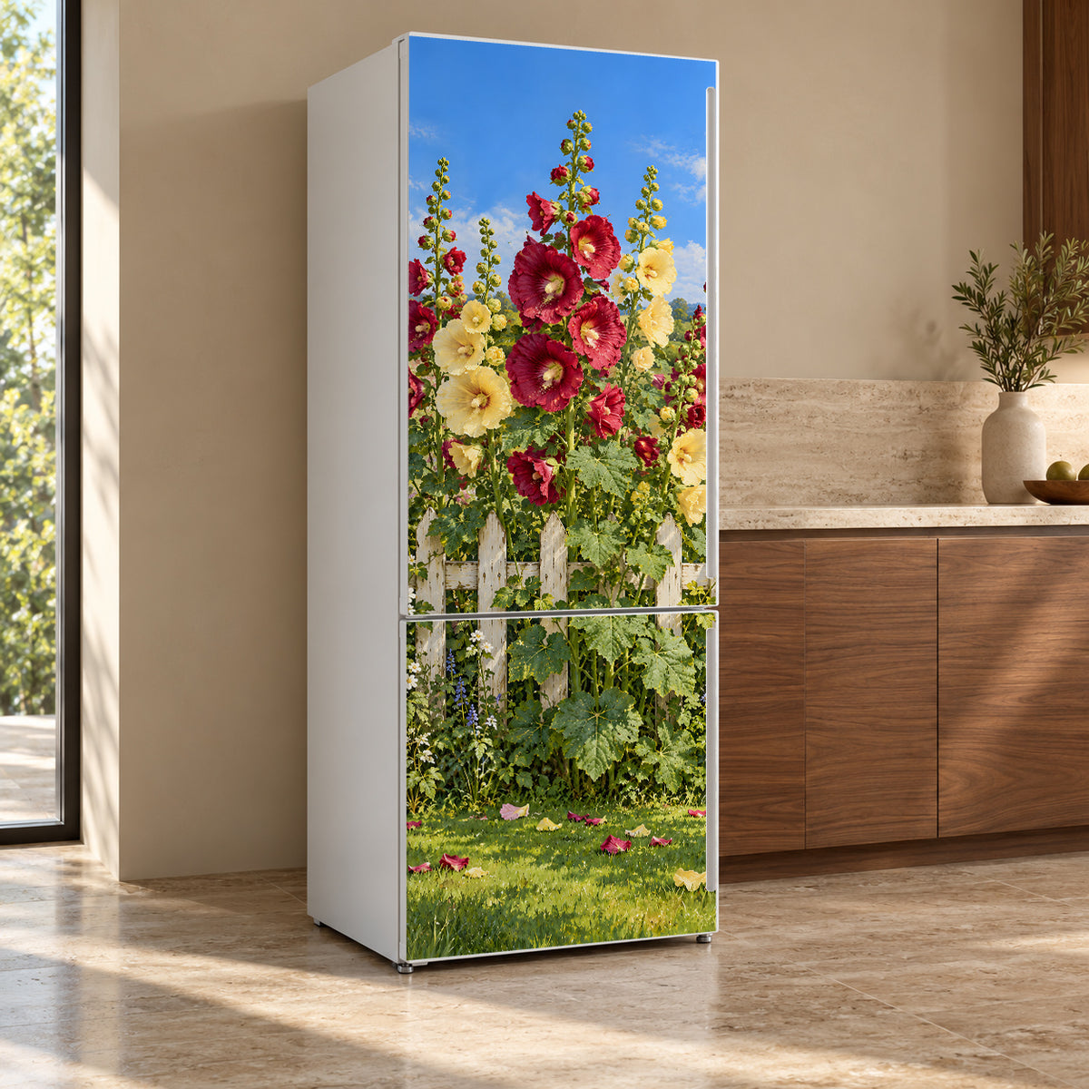 Hollyhocks fridge wrap, refrigerator shown at an angle